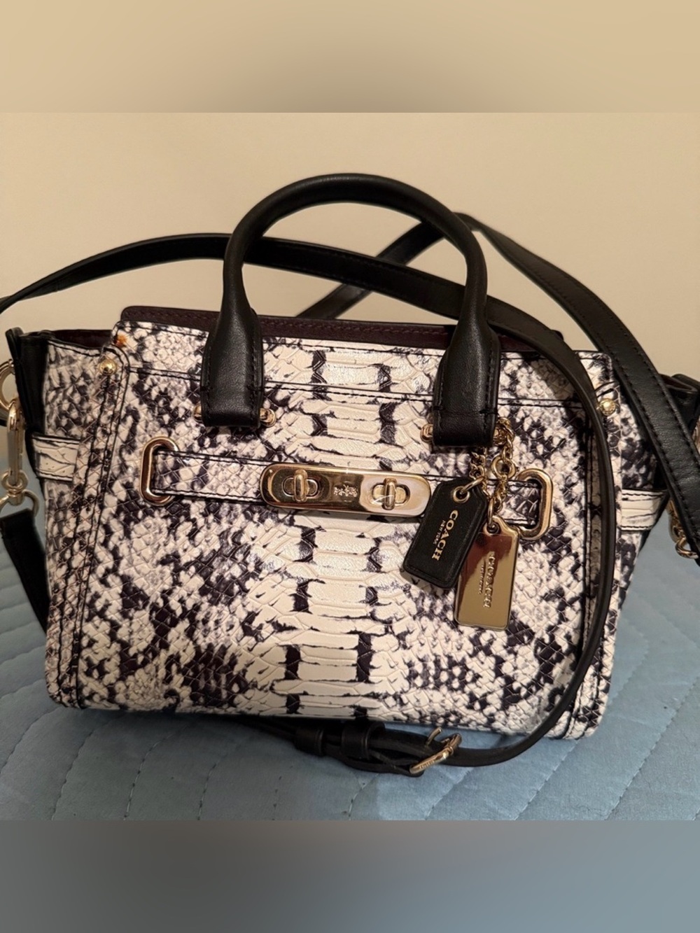 Coach Swagger  Black and White Snake-Print Leather Satchel with Gold Hardware